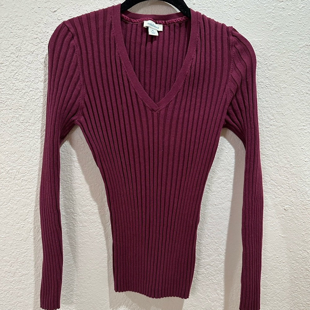 SALE! Women’s Sundance V-Neck Ribbed Sweater - Burgundy - PL
